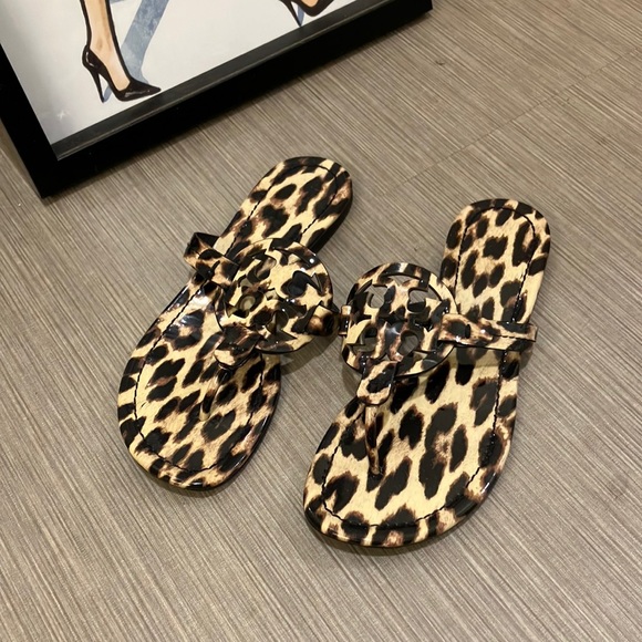 Tory Burch Shoes - Tory Burch Miller patent leather leopard print sandals brown & black Size 6.5